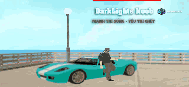 a man standing next to a blue sports car with the words darklights noob written above him