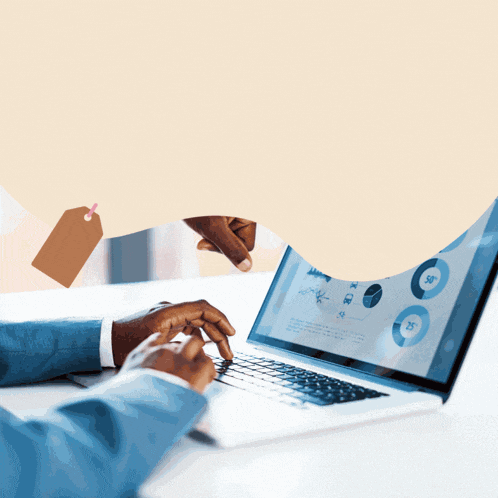 a person is typing on a laptop with a graph on the screen that shows a percentage of 50