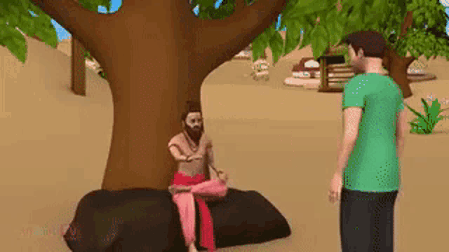 a man is standing next to a man sitting under a tree in the desert .