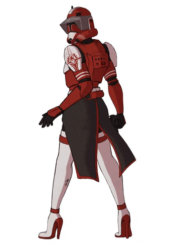 a female clone trooper from star wars is wearing high heels and a helmet .