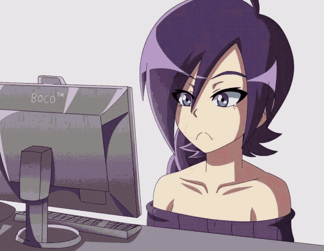 a girl with purple hair is looking at a computer monitor that says boco