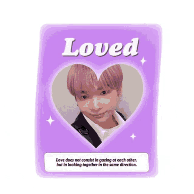 a purple card with a picture of a person and the words loved