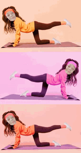 three pictures of a girl doing exercises on a mat