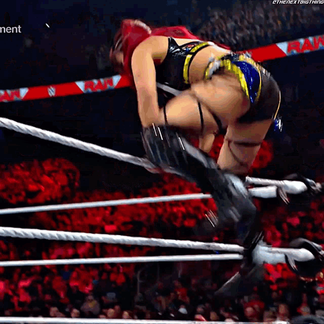 a woman in a wrestling ring with a crowd behind her and a watermark that says raw
