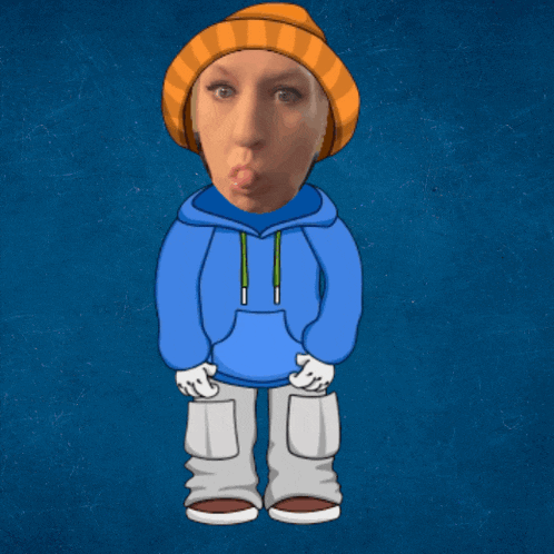 a cartoon drawing of a woman wearing a blue hoodie and an orange hat