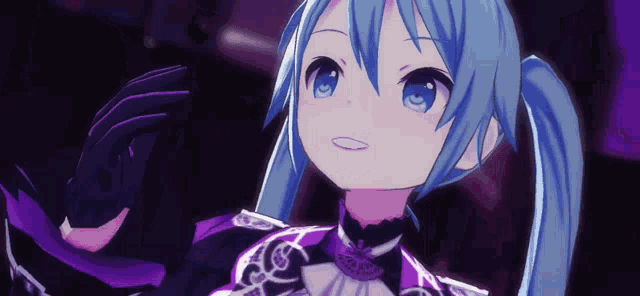 a girl with blue hair and blue eyes wearing a purple outfit