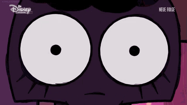 a close up of a cartoon character 's eyes with the words neue folge below them
