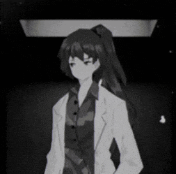 a black and white drawing of a girl with long hair wearing a lab coat .