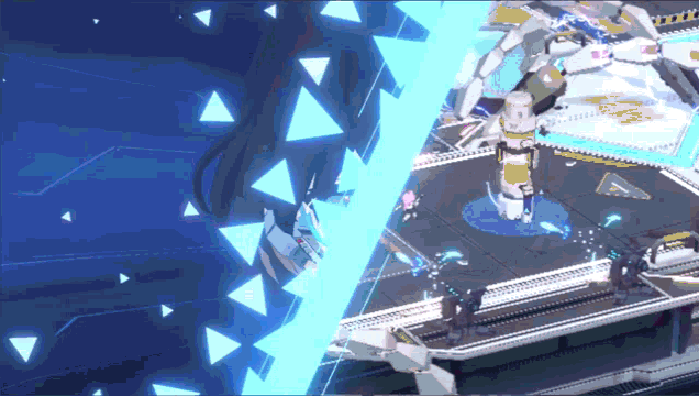 a video game scene with a blue light coming out of a building