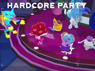 a video game scene with the words hardcore party on the bottom