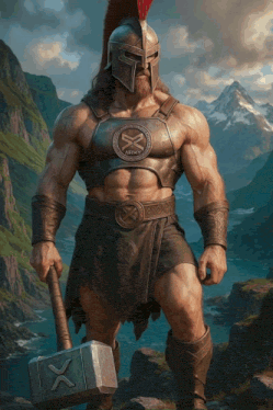 a man in a spartan outfit holds a hammer with a x on it
