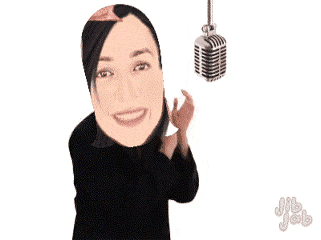 a cartoon of a woman talking into a microphone with jib job in the corner