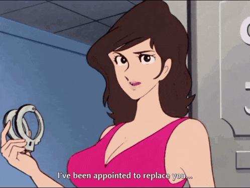 a woman in a pink top is holding a pair of handcuffs and says " i 've been appointed to replace you "