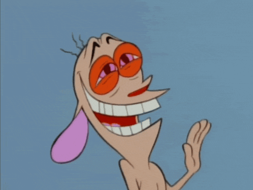 a cartoon character with a pink ear and orange eyes
