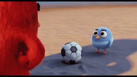 a red bird and a blue bird are playing with a soccer ball on the beach .