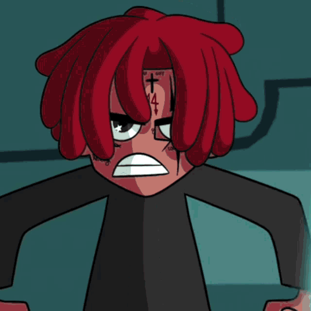 a cartoon character with red hair has a tattoo on his forehead that says " off "