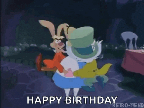 alice in wonderland is dancing with mad hatter and a rabbit .