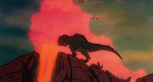 a cartoon of a dinosaur standing on a rock with lava coming out of it 's mouth