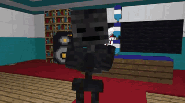a skeleton in a minecraft game is standing in a room