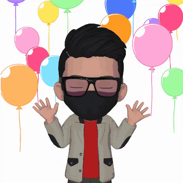 a cartoon character wearing a black mask and sunglasses stands in front of balloons