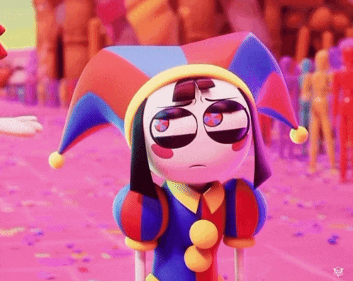 a cartoon character is wearing a colorful jester hat and looking sad .