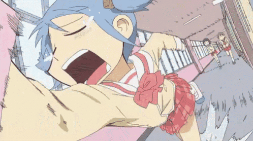 a cartoon girl with blue hair is screaming with her mouth wide open