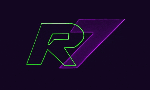 the letter r is glowing in green and purple against a dark background .