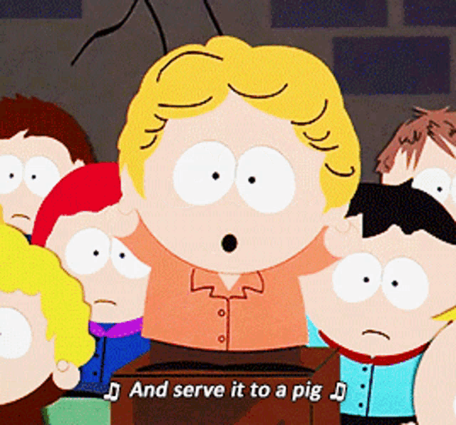 a cartoon character says " and serve it to a pig " in front of a group of children