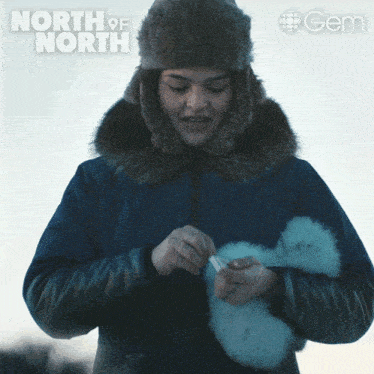 a poster for north of north shows a woman in a fur hat and jacket