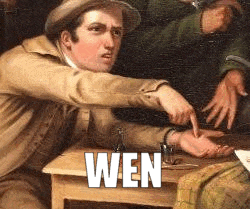 a man is sitting at a table in a painting pointing at his hand .
