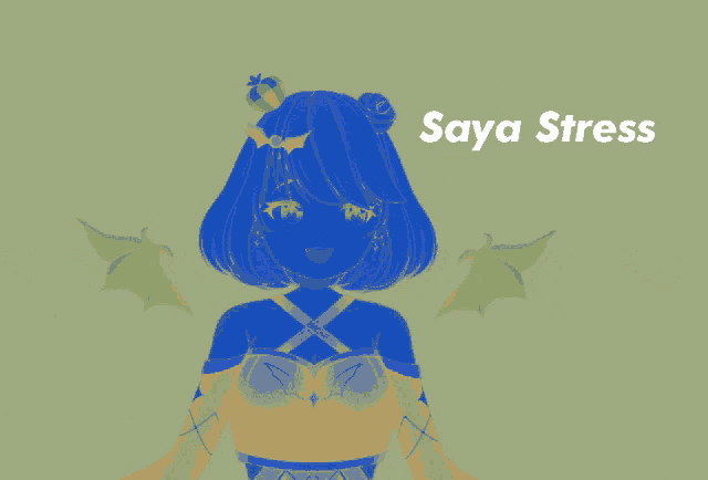 a drawing of a girl with blue hair and the words saya stress above her