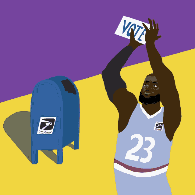 a basketball player with the number 23 on his jersey is holding up a sign that says vote