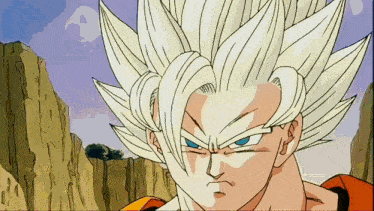 a close up of a dragon ball z character with white hair and blue eyes
