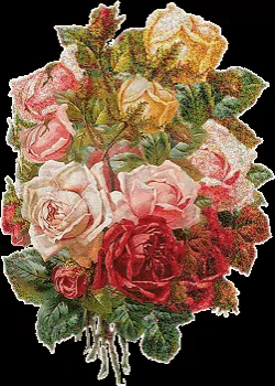 a painting of a bunch of roses with leaves on a black background