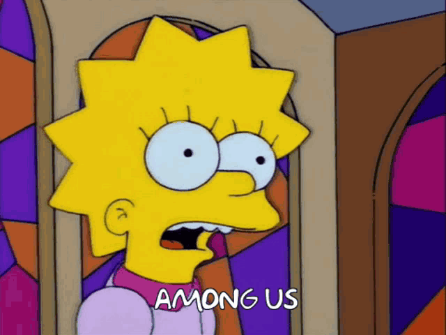 a cartoon of lisa simpson says among us in white letters