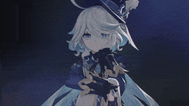 a girl with white hair and blue eyes is wearing a blue jacket and gloves