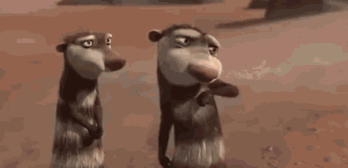 two cartoon opossums are standing next to each other on a dirt field .