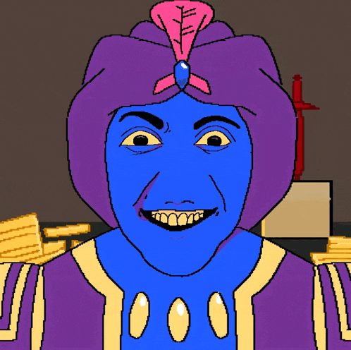 a pixel art drawing of a genie with a purple turban