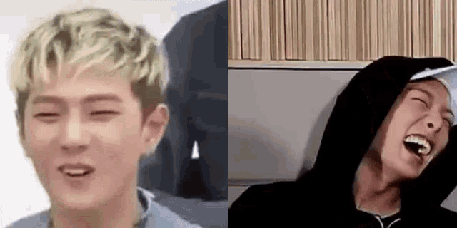 a close up of a person 's face and a close up of a person 's face with a hoodie on .