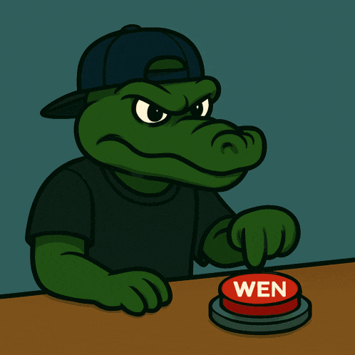 a green alligator is pointing at a red button that says wen