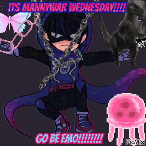 a pixel art of a man in a superhero costume with the words " it 's mannywar wednesday !!! "