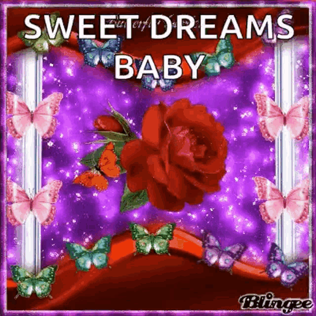 a purple background with butterflies and a rose with the words sweet dreams baby