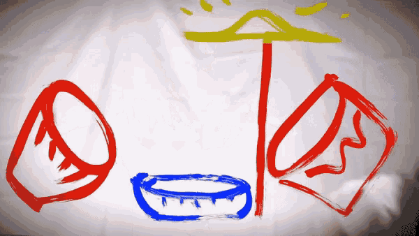 a red yellow and blue drawing of a bicycle with the letter t on top