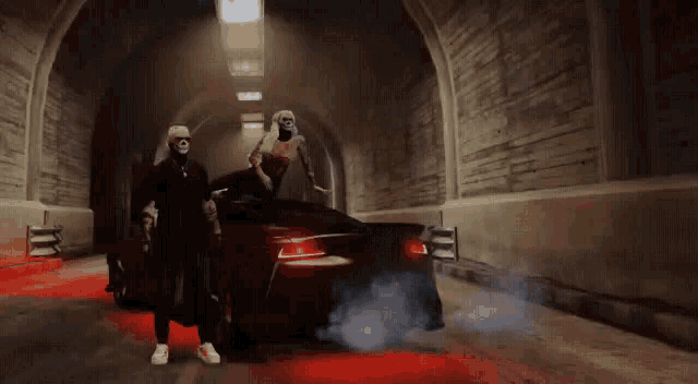 a man in a mask is standing next to a car