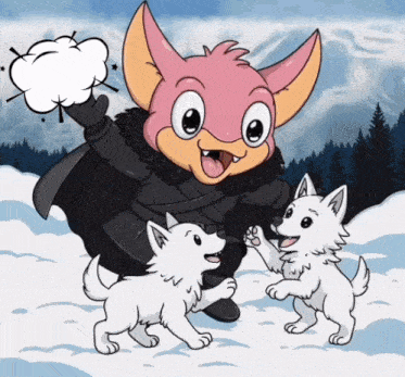 a cartoon drawing of a pink monster holding a snowball and two white dogs