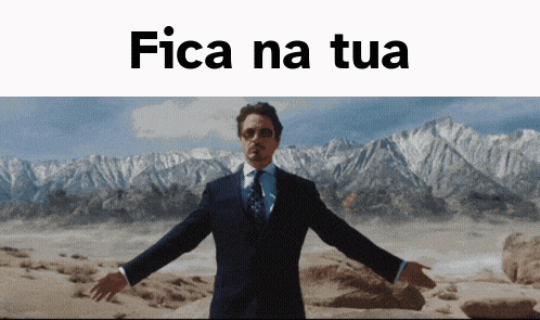 a man in a suit is standing in front of mountains and the words fica na tua