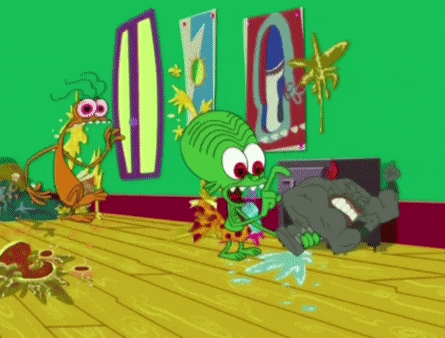 a cartoon character is standing next to another cartoon character in a room with a green wall .