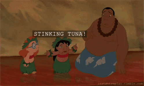 a group of cartoon characters standing next to each other with the words stinking tuna written above them