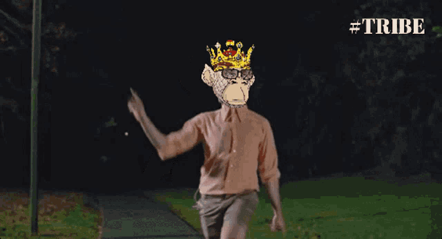 a man wearing a monkey mask with a crown on his head and the word tribe on the bottom