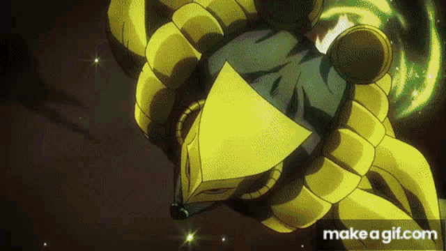 a cartoon character is flying through the air in a dark room with a green light behind him .